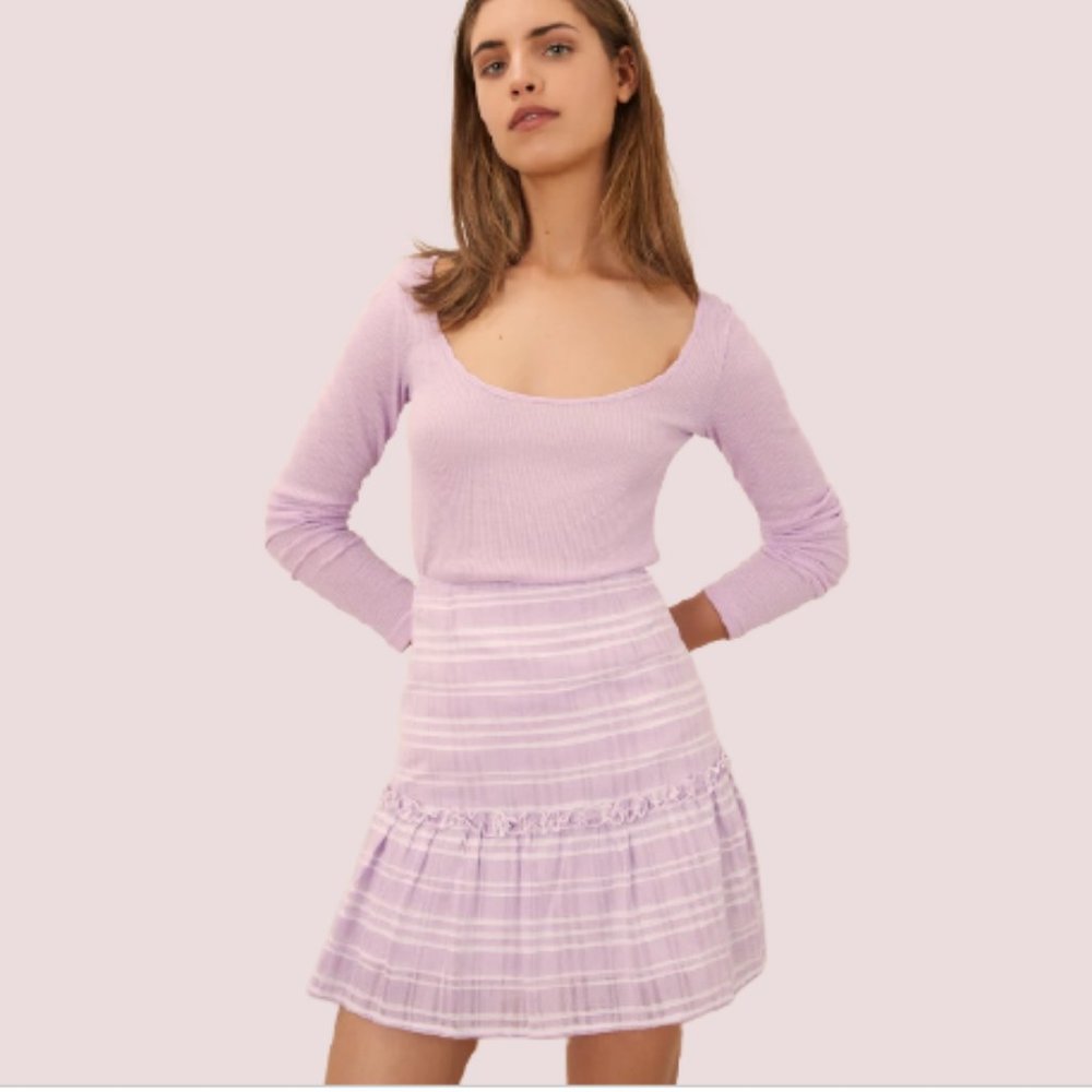 The Fifth Label 'Ivy' Ruffled Cotton Striped Mini Skirt in Lilac, S NWT